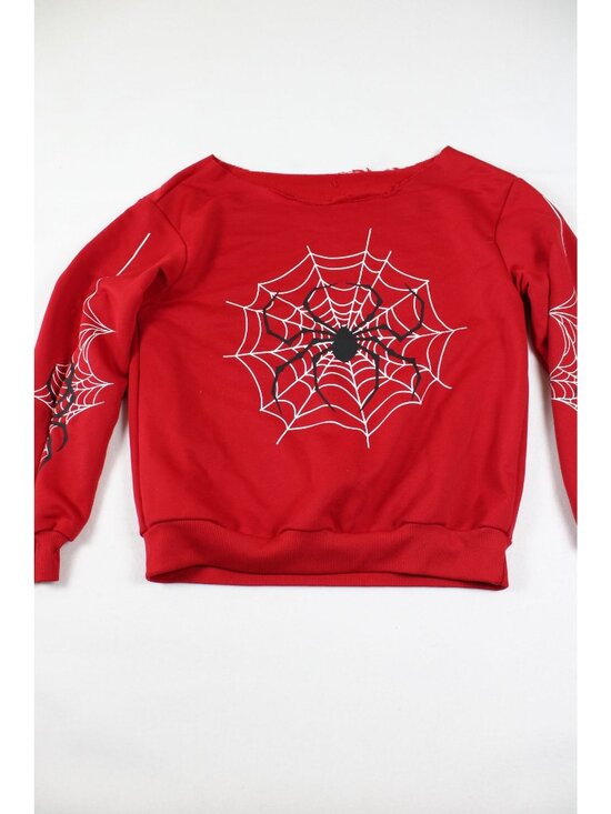 SHEIN Tops - Red Spiderweb Graphic Sweatshirt With Raw Cut Neckline & Long Sleeves